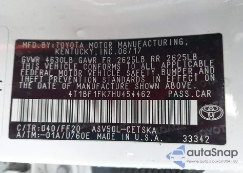 2017 Toyota Camry Se from USA, damaged, VIN 4T1BF1FK7HU454462